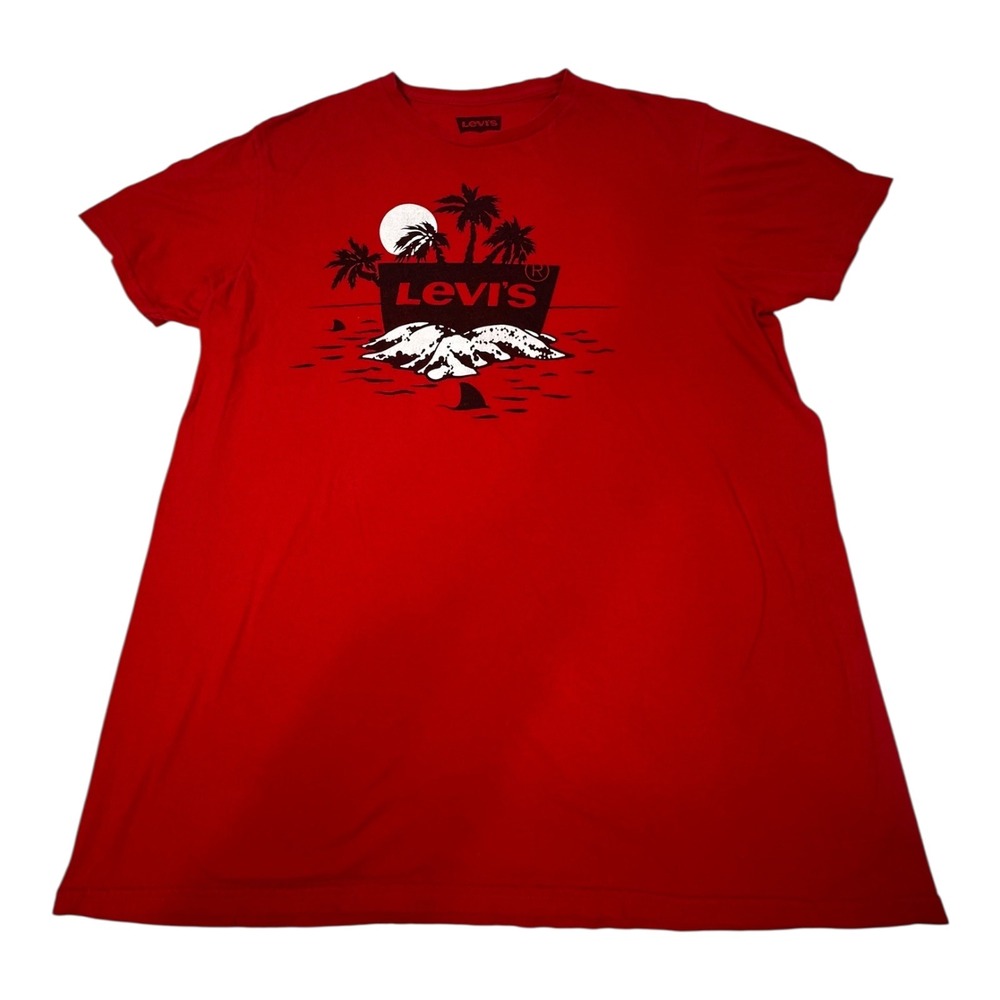 Levis Mens Graphic T-Shirt Red Palm Tree Shark Graphic Print‎ Crew Neck Tee